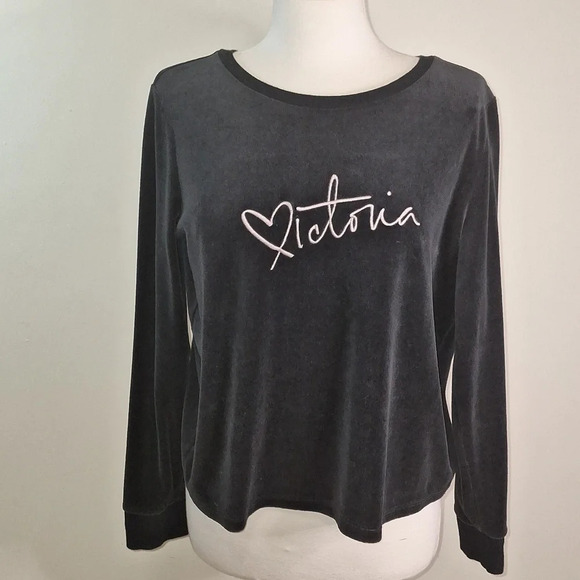 Victoria's Secret black velour  split back crew neck top SZ L - Picture 2 of 6